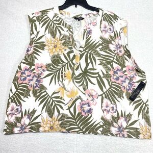 Stitch Star Sleeveless Top Women's 2X Floral Leaf Tropical Split V Neck NWT